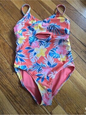 Girls' Coral Floral One-Piece Swimsuit with Front Cutout